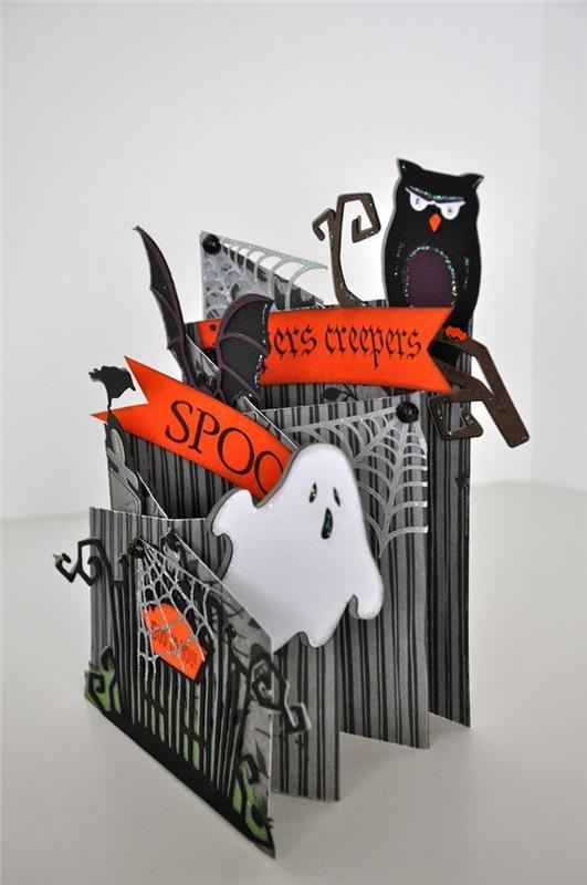 diy lätt manuell aktivitet diy kort inbjudan halloween uggla figurin hemsökt hus konst vikning papper origami lätt