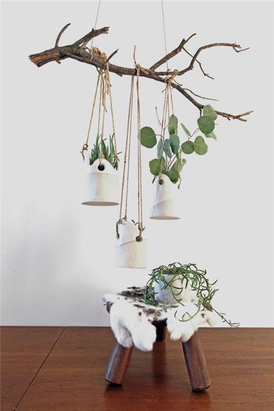 vuxen manuell aktivitet med växter och trä, DIY drivved upphängning med hängande växter och makrame