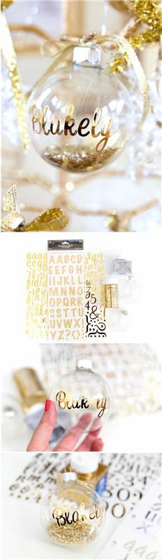 Vianočná dekorácia, aby ste si uľahčili prácu, s priehľadnou sklenenou guľou s nápismi zlatými písmenami na stromček