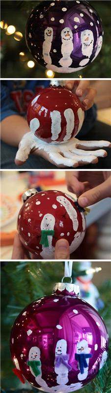 Vianočná ozdoba na výrobu pre dospelých, červené a fuchsiové gule, zdobené ručne maľovanou bielou farbou, každý z prstov je snehuliakom, nakreslený sneh