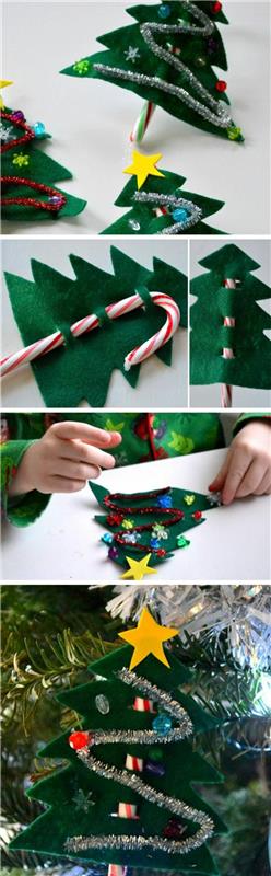 DIY vianočná ručná činnosť, jednoduchá vianočná dekorácia, ktorú si vyrobíte sami, s farebnými kartónovými stromami a cukrovou trstinou