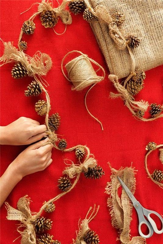 DIY عيد الميلاد الصنوبر المخاريط الجوت حبل