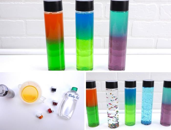 hur man gör ett tvåfärgsbaby montessori-objekt, idé till en glasflaska fylld med färgat vatten och glitter