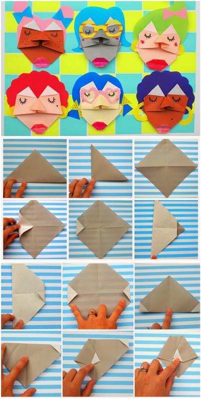 ľahké origami DIY pre deti s listami papiera premenenými na originálne tváre rôznych postáv