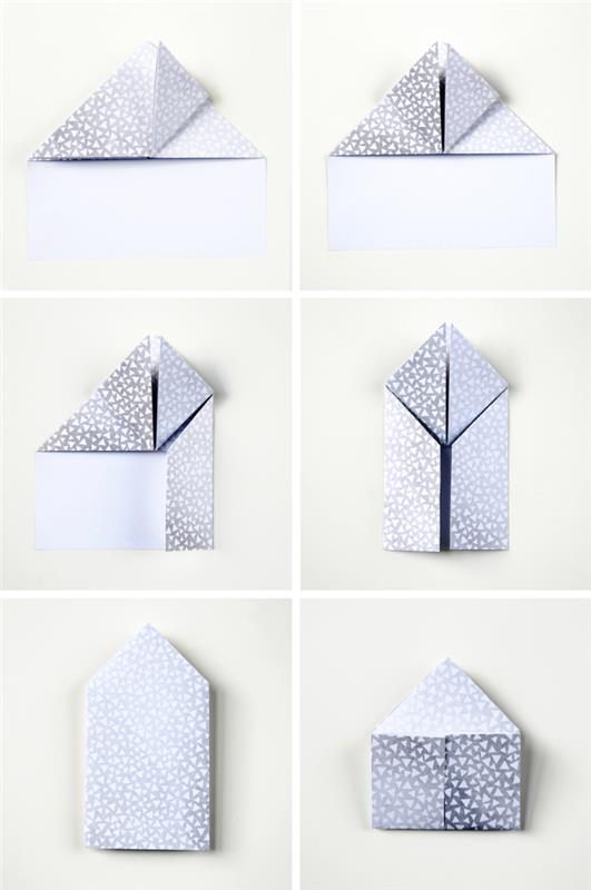 mini-boxy zo strieborného papiera s potlačou, v tvare origami srdiečok, kroky skladacieho papiera na výrobu origami srdiečok
