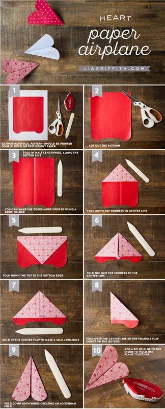 návod na skladanie lietadla origami v tvare srdca so šablónou na stiahnutie, nápad na originálnu valentínsku kartu, ako si vyrobiť