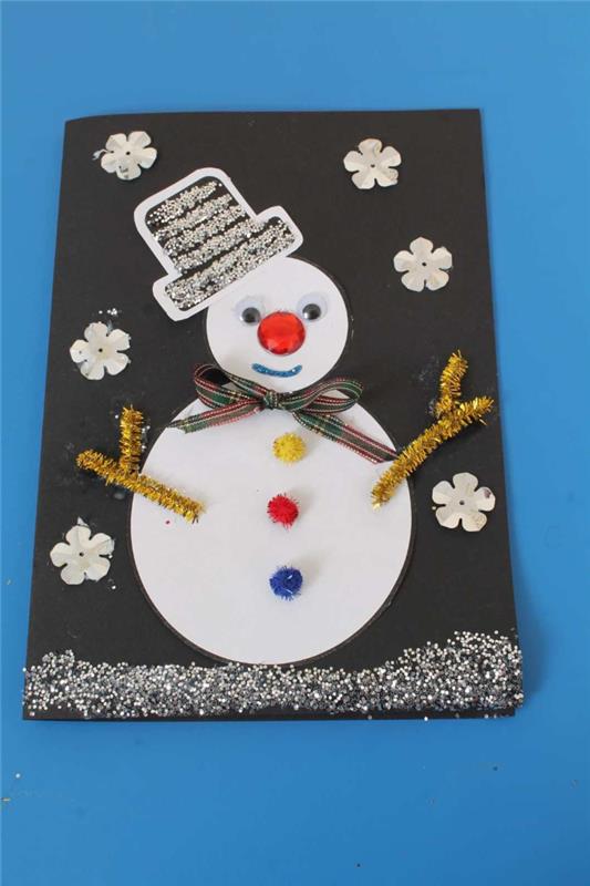 ديي بطاقة عيد الميلاد الروضة سهلة في ورقة سوداء مع ورقة بيضاء ثلج بوم بومس عيون تتحرك