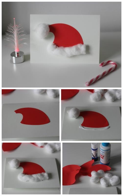 DIY عيد الميلاد سهلة روضة الأحمر ورقة سانتا كلوز قبعة مع القطن الديكور ديي فكرة بطاقة المعايدة