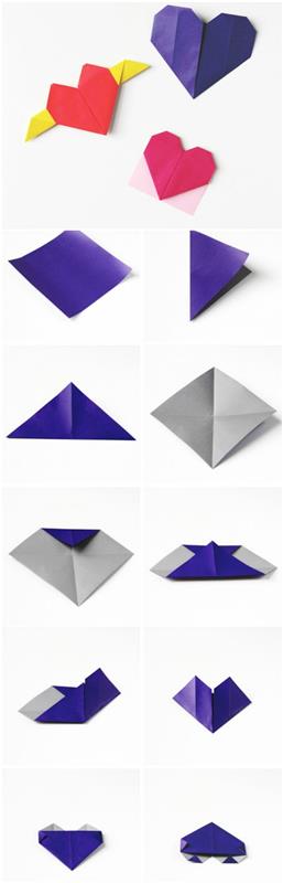 tri spôsoby, ako vyrobiť ozdobné srdce origami pomocou krokov skladania papiera na fotografiách