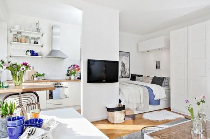 شقة استوديو باللون الأبيض مع أرضية صفائحية بيج وتصميم غرفة وتحتوي على منطقة نوم مع سرير ومطبخ صغير ومنطقة لتناول الطعام وتلفزيون