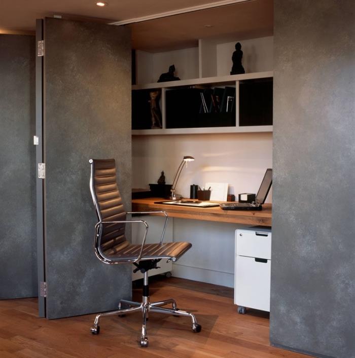idé hur man kan dekorera hemmakontorets hörn med antracitgrå designdörrar och skrivbord infälld till den vita väggen