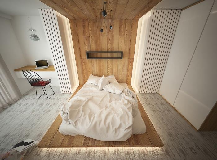 vilken färg på ett mans sovrum, modernt rum med minimalistisk design med sänggavel i trä upp till taket