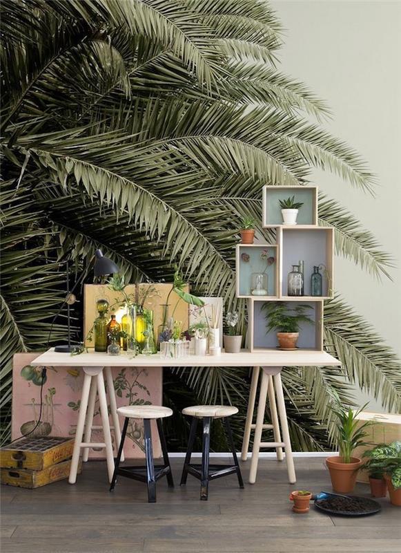 Zelené rastliny v tínedžerskej miestnosti, pekne usporiadaný stôl, palmový papier maľovaný na papier, nápad na výzdobu izbičky sovy,
