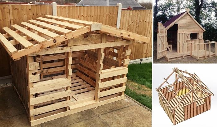 exempel hur man bygger en stuga för en bakgård, skydd idé för barns spel att göra dig själv med återvunnet trä