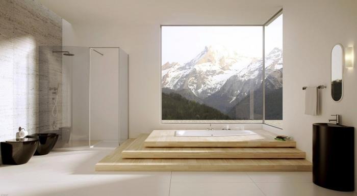 nápad, ako integrovať malú modernú vaňu do kúpeľne zariadenej v minimalistickom a japonskom štýle