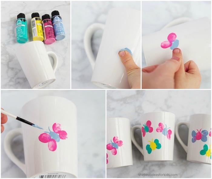personalizovaný biely hrnček s farebnými odtlačkami prstov v tvare motýľa, tip na darček pre Deň matiek, ako si ho vyrobiť