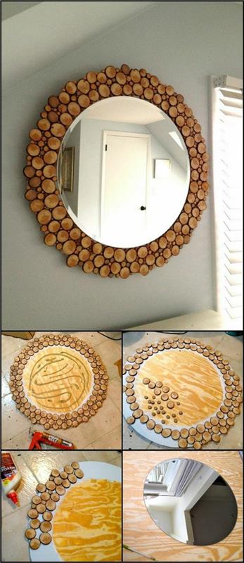 spegel inramad av trä stockar, rund spegel dekorerad som en gör-det-själv dekoration