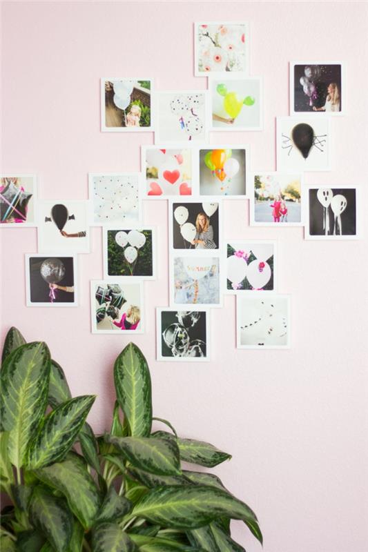 الجدار الوردي والصورة الجمالية النباتية الخضراء pele mele ، فكرة زخرفة الجدار مع إطار الصورة pele mele