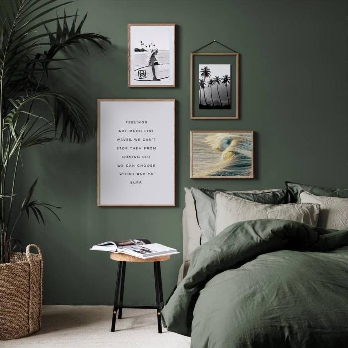 prázdny rám drevená dekorácia nad posteľou khaki zelená farba zelená rastlina spálňa v džungli