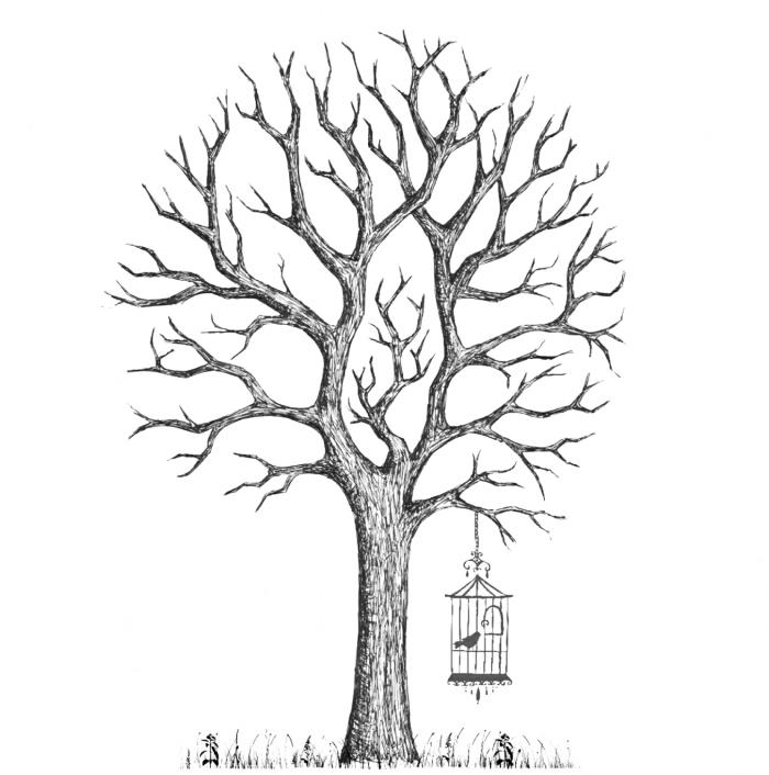 كيفية رسم شجرة فارغة بدون أوراق الشجر مع قفص الطيور والعشب ، فن الورق مع رسم لطيف في التصميم الطبيعي