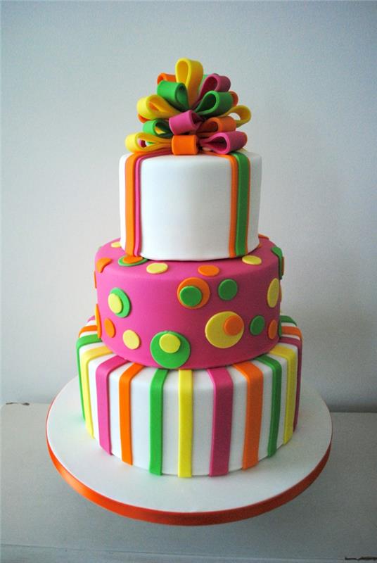 narodeninová torta, darčeková torta, farebné vyrezávané stuhy, farebný dezertný dizajn