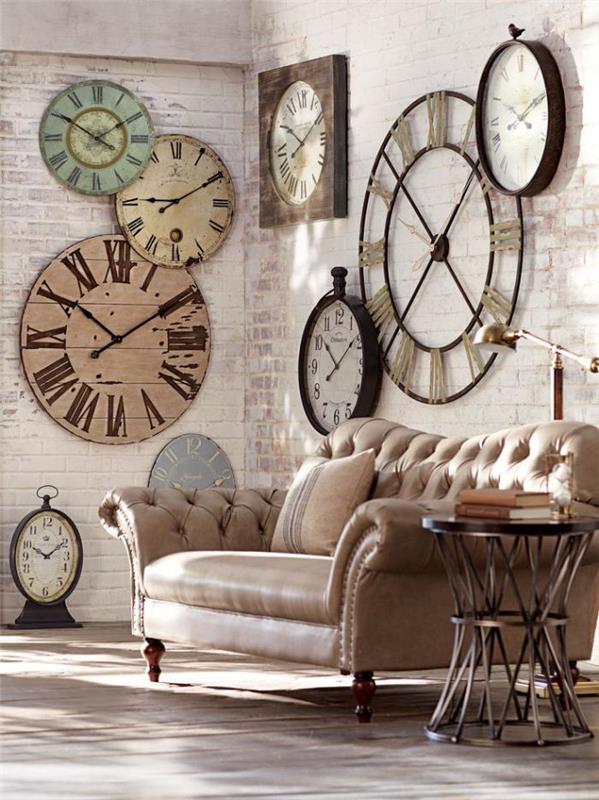 béžovo-kožená sedačka-vintage-nástenné hodiny