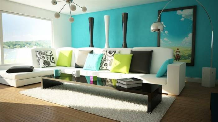 vit-soffa-vit-matta-trä-parkett-blå-vägg-vardagsrum-modern-dekorativ-ljuskrona