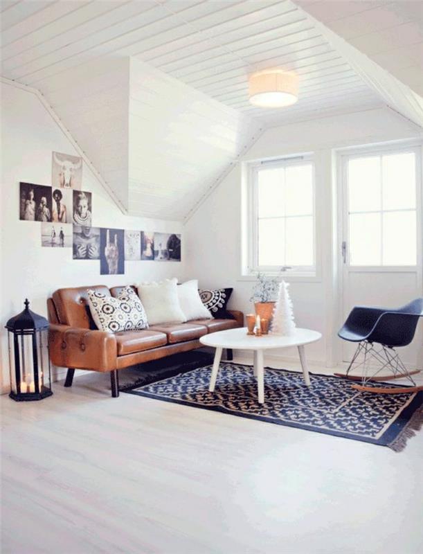 hnedá koža-sedačka-podkrovie-obývačka-čierny-koberec-steny-biele-svetlo