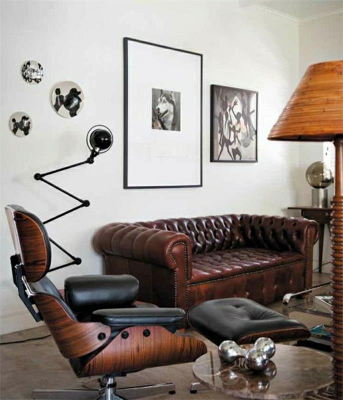 kožená sedačka-obývačka-v-maľbe na kožu-nástenná-dekorácia-lampa na čítanie-konferenčný stolík-obývačka