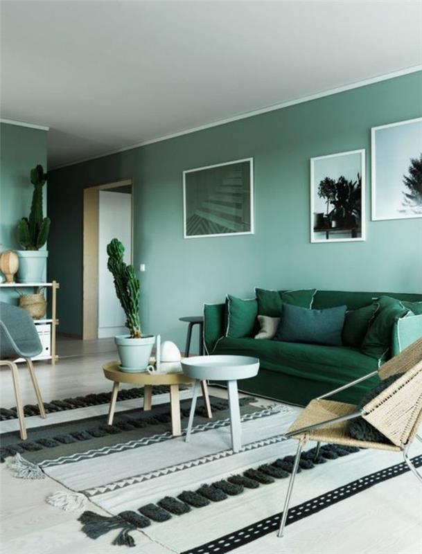 pohovka-tmavo-zelená-béžová-koberec-konferenčný stolík-nízke nápady-maľba-obývačka-zeleno-modrá
