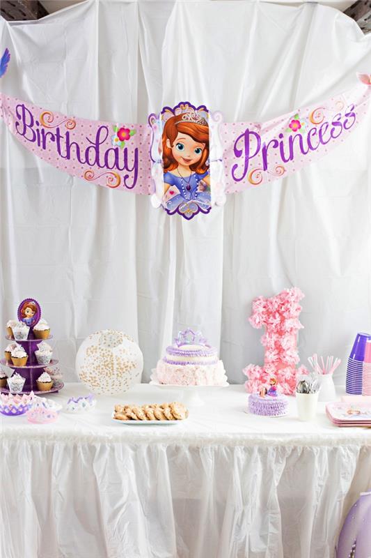 flicka födelsedagsdekoration på prinsessans tema, prinsessans födelsedagsbanner för rumsdekorationen, 1 år gammal födelsedagsgodisbar i rosa och lila