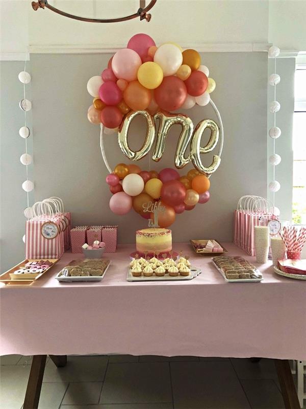 födelsedagsbuffédekoration i mjuka pastelltoner, hula hoop ballongväggdekoration för 1 års födelsedag