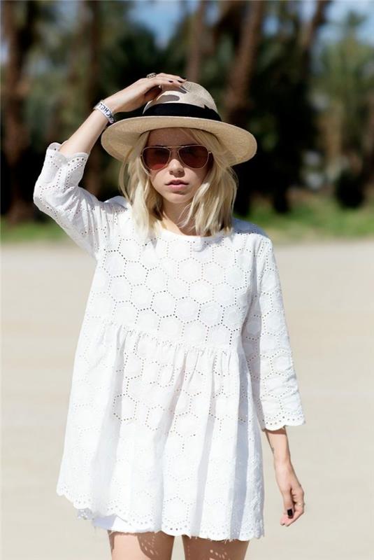 قبعة صيفية بيضاء ، فستان أبيض بوهيمي ، قبعة زفاف نسائية ، نظارة شمسية