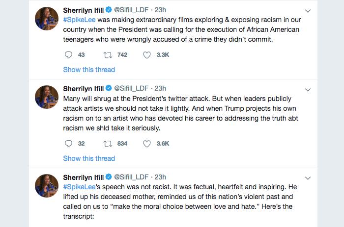Skärmdump av Sherrilyn Ifills reaktioner på Donald Trumps reaktion på Tweeter till Spike Lees Oscar -förslag