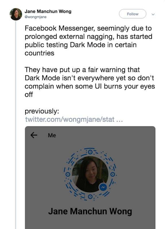 لقطة شاشة لحساب Twitter الخاص بـ jane manchun wong بعد اختبار ميزة Black dark messenger الجديدة على Facebook