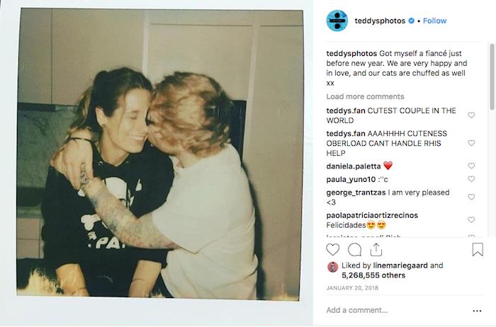 Instagram skärmdump Ed Sheeran av förlovningsmeddelande och foto publicerat i januari 2018 innan hans bröllop med Cherry Seaborn