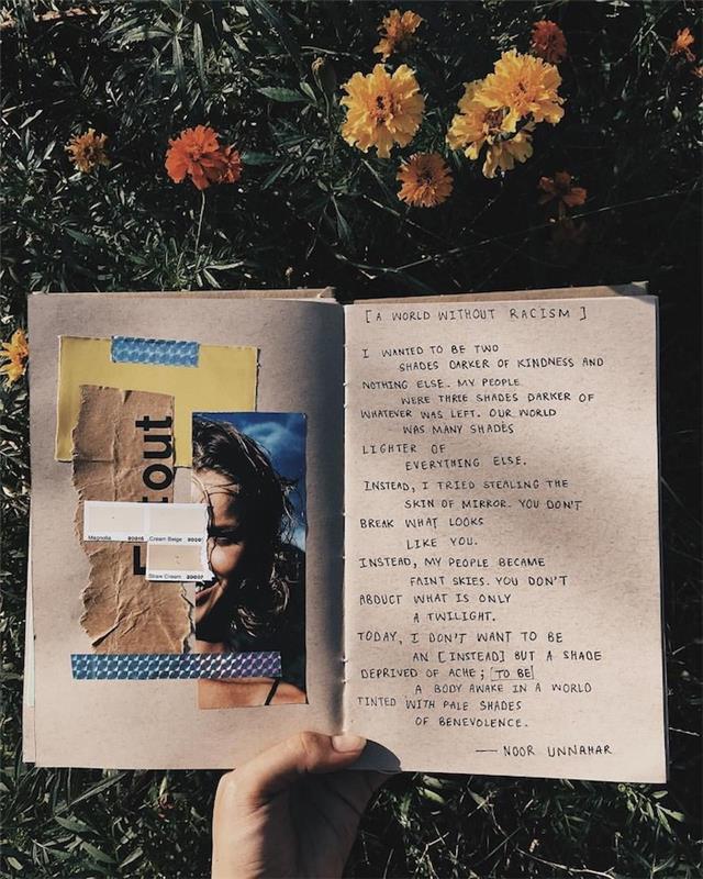 Poesi på ena sidan och klippklipp av foton på den andra, gräsmatta och blommor foto från resedagbok, scrapbookingalbum för tonåringar