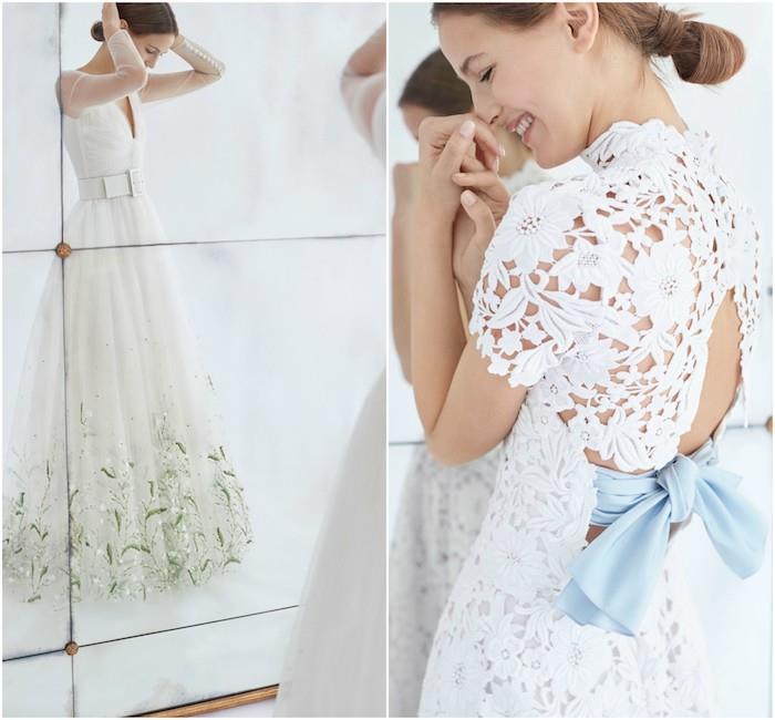 originálne svadobné šaty biele kvety výšivky a tylu so zelenými kvetinovými vzormi a modrou stuhou