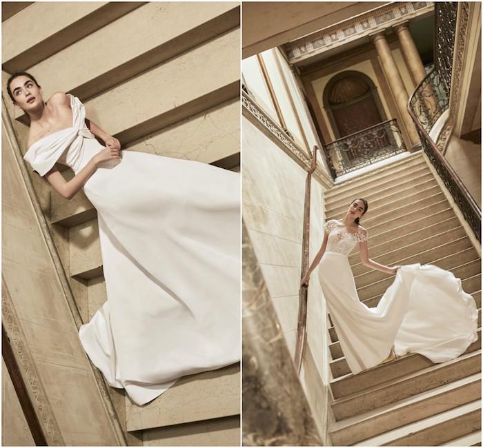 carolina herrera so svadobnými šatami 2018 jednoduchými s malou ozdobou, svetlé materiály biela farba