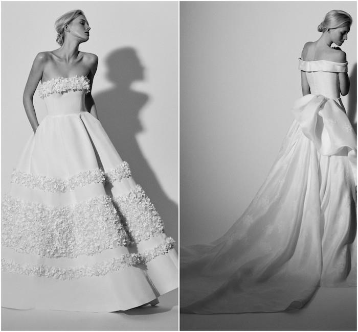 كارولينا هيريرا بفستان زفاف 2018 من التنورة الواسعة وتطريز بتلات الزهور المقلدة ، فستان الشريط الخلفي مع أكتاف عارية