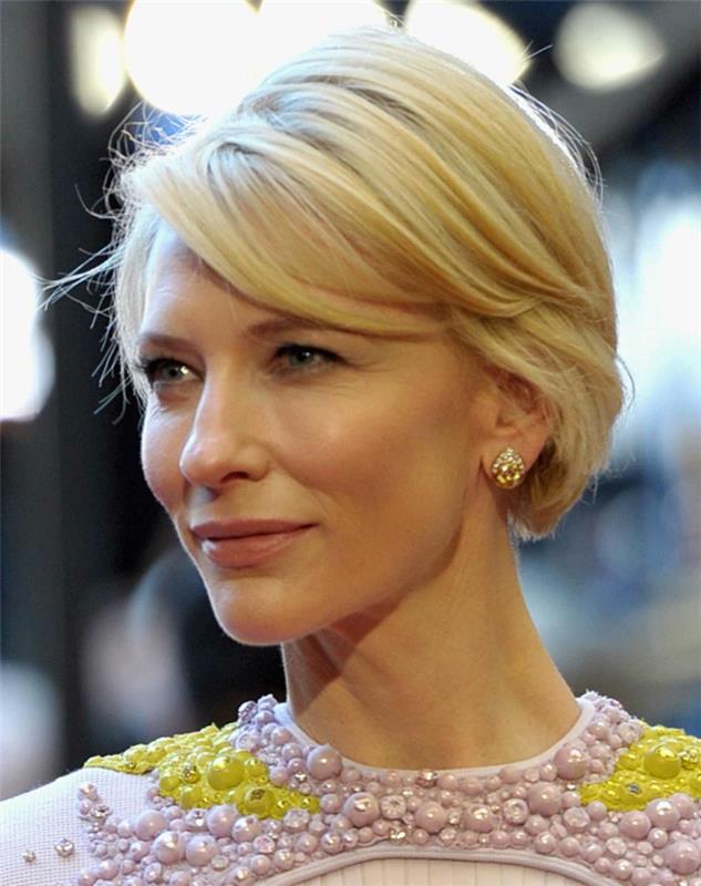 Cate Blanchett med en kort bob -kvinna, bob med sidoslag, naken smink