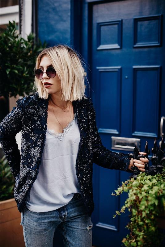 Capelli medio corti di Colore biondo e leggere Scalature، ragazza vestita in stile Casual
