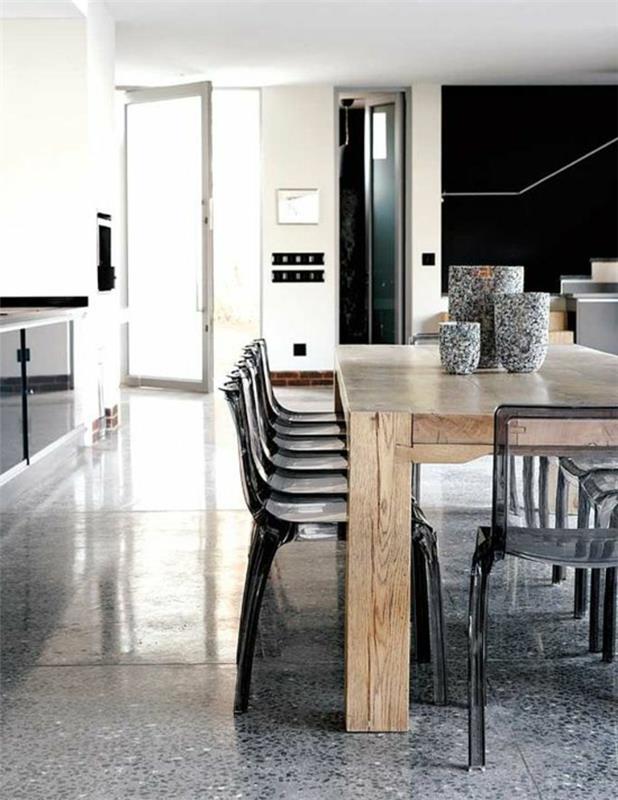 betónový efekt-dlaždice-v-retro-rustikálnom-minimalistickom-štýle-kuchyni-stôl z masívu