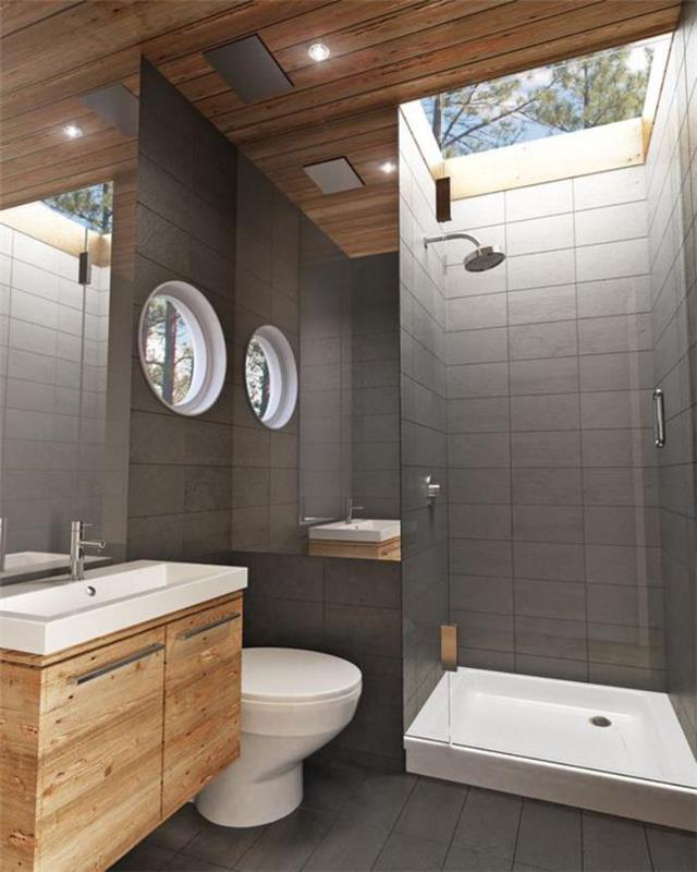 grå-kakel-vägg-trä-möbler-interiör-chalet-stil-modern