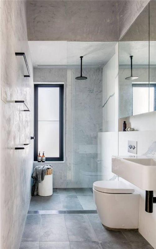 gråkaklat badrum med ett snyggt utseende-vägghängt handfat