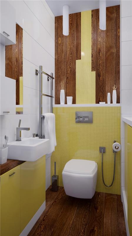 žltá kachľová toaleta, ako zladiť farby v modernej kúpeľni, obloženie steny WC