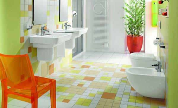 بلاط جدران - للحمام - جدران - خضراء - وكرسي - برتقالي