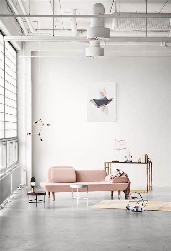 vit design i ett rymligt vardagsrum, industrimotiv i inredningen med exponerade rör målade vita