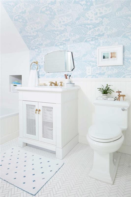 barn badrumsinredning med vita väggar med vattentät tapet väggdekor, idéer för badrumsmöbler