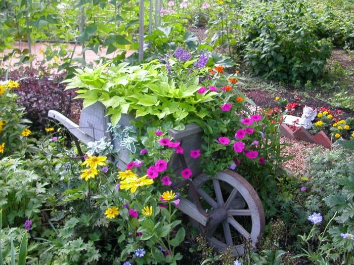 rustik trävagn i trädgården, blommor i ljusa färger, rustik trädgårdsinredning